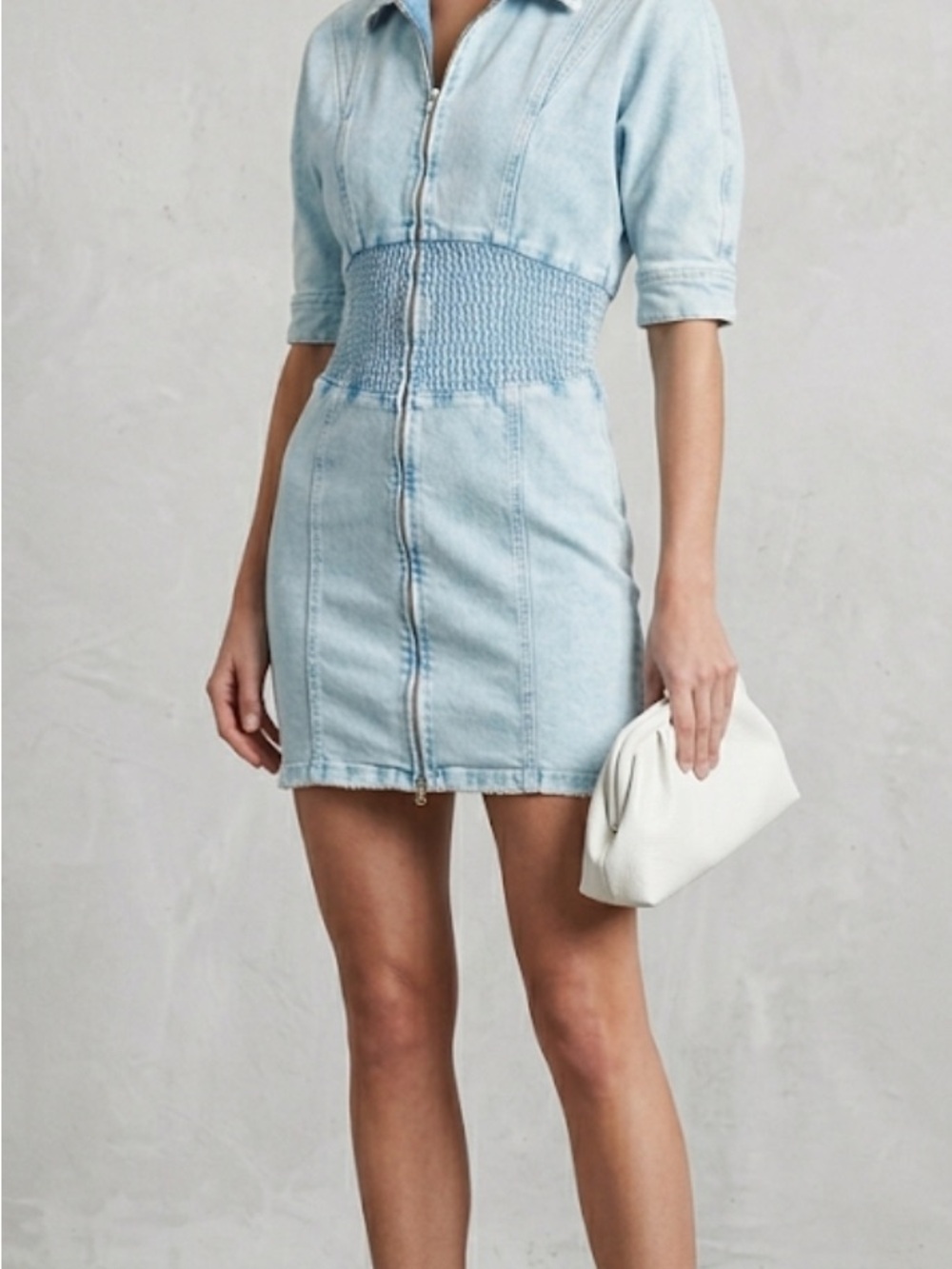 Retrofete Light Blue Denim Zip-Front Smocked Waist Mini Dress
